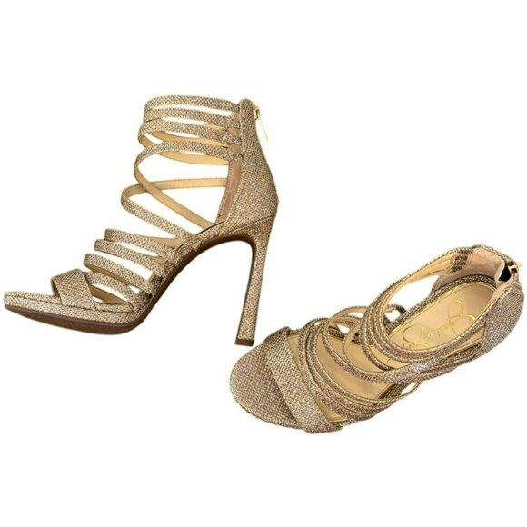 NWOT Jessica Simpson Palkaya Gold Glitter Strappy Stiletto Heel Sandals  4.25" - Picture 2 of 9